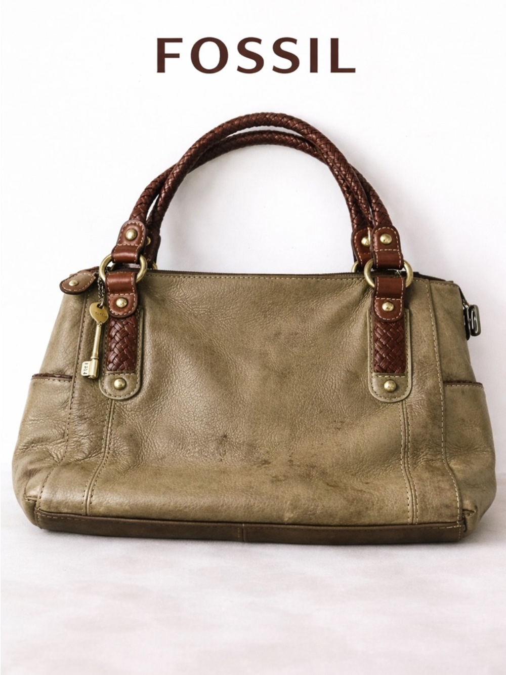 Fossil Leather Satchel Bag Burgandy Olive Green Burgandy Woven Strap Boho